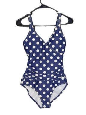 Boden Women Navy Blue White Polka Dot One Piece Ruched Bathing Suit Swim Size 8R